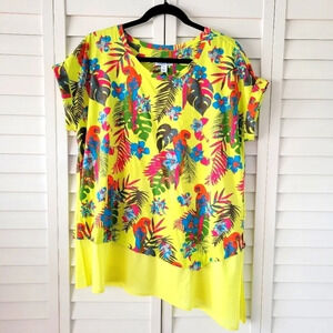 LEMON Way Multi‎ Tropical Print Top Size XL Mix Media Asymetrical Hem Summer